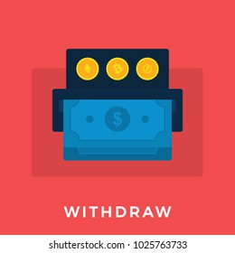 Flat Modern Design concept of Cryptocurrency Withdraw Technology, Receiving Dollars From Different Crypto Coins