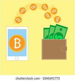 Flat modern design concept of cryptocurrency technology, bitcoin exchange, blockchain, mobile banking, bitcoin mining. From a smartphone with bitcoins, bitcoins move into a wallet with dollars. EPS 10