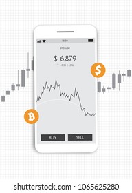 Flat modern design concept of cryptocurrency technology, bitcoin exchange, mobile banking. Smartphone with bitcoin and dollars coming out.