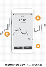 Flat modern design concept of cryptocurrency technology, bitcoin exchange, mobile banking. Smartphone with bitcoin and dollars coming out.