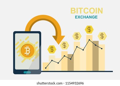 Flat modern design concept of cryptocurrency technology, bitcoin exchange, mobile banking. smartphone with bitcoin and dollars coming out.