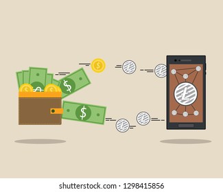 Flat modern design concept of cryptocurrency technology, litecoin exchange, mobile banking. wallet with coin and dollars coming out