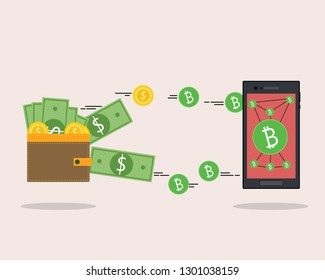 Flat modern design concept of cryptocurrency technology, bitcoincash exchange, mobile banking. wallet with coin and dollars coming out