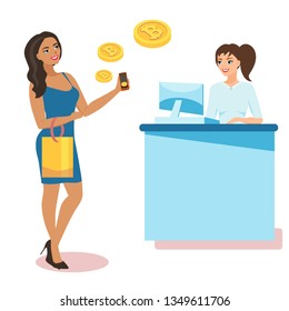 Flat modern design concept of cryptocurrency technology, bitcoin exchange, mobile banking. The girl holds a smartphone with bitcoins and pays them at the checkout for purchases in the store