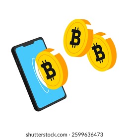 Flat modern design concept of cryptocurrency technology, bitcoin exchange, mobile banking. smartphone with bitcoin and dollars coming out. Transfer money from Bitcoin coin wallet to Smartphone
