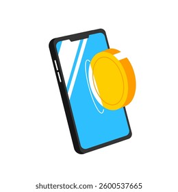 Flat modern design concept of cryptocurrency technology, bitcoin exchange, mobile banking. smartphone with bitcoin and dollars coming out. Transfer money from Bitcoin coin wallet to Smartphone
