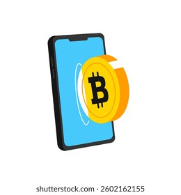Flat modern design concept of cryptocurrency technology, bitcoin exchange, mobile banking. smartphone with bitcoin and dollars coming out. Transfer money from Bitcoin coin wallet to Smartphone
