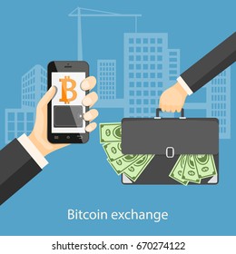 Flat modern design concept of cryptocurrency technology, bitcoin exchange, bitcoin mining, financial operations with mobile phone in the hand and dollars in the case. EPS 10