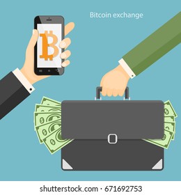 Flat modern design concept of cryptocurrency technology, bitcoin exchange, bitcoin mining, mobile banking. Hand holding mobile phone with bitcoin and dollars in   briefcase. EPS 10