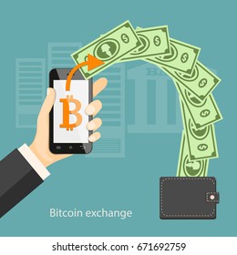 Flat modern design concept of cryptocurrency technology, bitcoin exchange, bitcoin mining, mobile banking. Hand holding mobile phone with bitcoin and dollars into  wallet. EPS 10