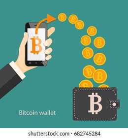 Flat modern design concept of cryptocurrency technology, bitcoin exchange, bitcoin mining, mobile banking. Hand holding mobile phone with relocating bitcoins into wallet. EPS 10