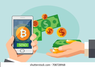 Flat modern design concept of cryptocurrency technology, bitcoin exchange, mobile banking. Hand holding smartphone with bitcoin and dollars coming out.