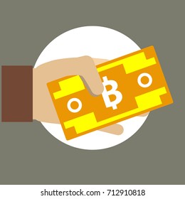 Flat modern design concept of cryptocurrency technology, bitcoin exchange, bitcoin mining. Hand with bitcoin in the hand. EPS 10