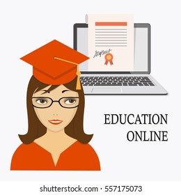 Flat modern design concept of the education online for website or banner of e-learning, training, business, management courses, online education with girl, diploma and laptop. eps 10