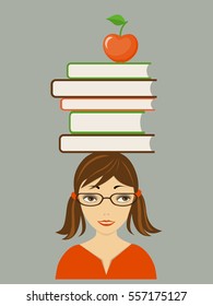 Flat modern design concept of the learning for website or banner of back to school, training, reading, seminar, webinar, online education, e-learning, e-book with girl, book, apple. eps 10