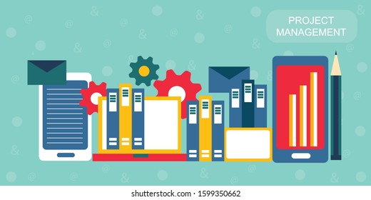 Flat modern design concept for project management website banner with blue background