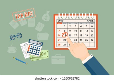 Flat modern design concept of tax day, taxes counting time with human finger showing at the date 15 april 2019. Mockup of the April 2019 year page of the spiral desk calendar. EPS 10