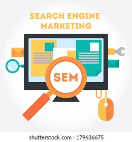 Flat modern design elements about Search Engine Marketing process.Tools of search internet marketing. Vector illustration