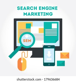 Flat modern design elements about Search Engine Marketing process.Tools of search internet marketing. Vector illustration