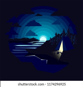 Flat Modern Design. Landscape Night Sky, River Bank, Spruce Forest And Tent. Natural View. Starry Sky Above The Water. The Full Moon Goes Beyond The Horizon. Vector Illustration In Rich Blue Tones.