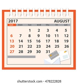 Flat  modern design of page of  the desk business calendar on the august 2017 with business icons. Week starts on Sunday. EPS 10.