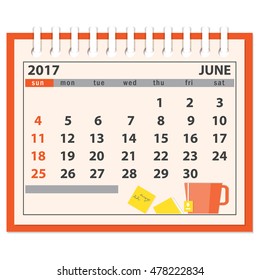 Flat  modern design of page of  the desk business calendar on the june 2017 with business icons. Week starts on Sunday. EPS 10.
