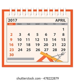 Flat  modern design of page of  the desk business calendar on the april 2017 with business icons. Week starts on Sunday. EPS 10.