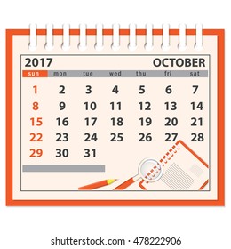 Flat  modern design of page of  the desk business calendar on the october 2017 with business icons. Week starts on Sunday. EPS 10.