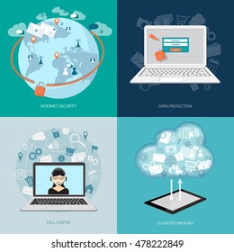Flat modern design set of website banner internet security, data protection, call center and cloud technology. EPS10.