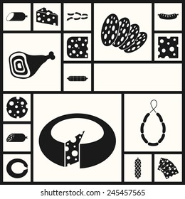 Flat modern design with shadow cheeses and sausages
