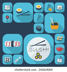 Flat modern design with shadow sushi, Chinese cuisine