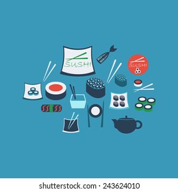 Flat modern design with shadow sushi, Japanese cuisine