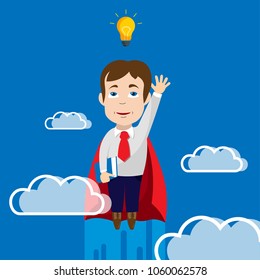 Flat modern design of Super Businessman in red cape flying to idea light bulb. Business and start up concept vector illustration.