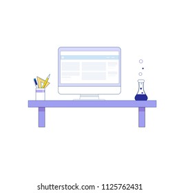 Flat modern design vector illustration concept of creative office workspace, workplace. Icon collection in stylish colors of business work flow items and elements. Vector image