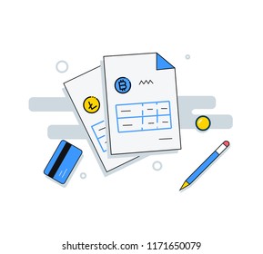 Flat modern design vector illustration concept with money and crypto currency of creative office workspace. Icon collection in stylish colors of business work flow items and elements. Vector image