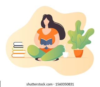 Flat modern design vector illustration with the reading book girl. Hand drawn illustration. 
