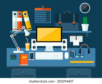Flat modern design vector illustration concept of office workspace, workplace. 