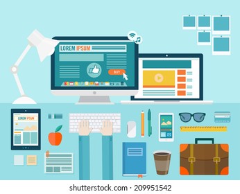 Flat modern design vector illustration concept of creative office workspace, workplace. Icon collection in stylish colors of business work flow items and elements, office things,equipment, objects