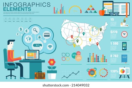 Flat modern design vector illustration concept of creative office workspace, workplace. Icon collection in stylish colors of business work flow items, elements. Infographics elements with USA map