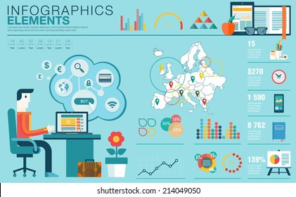 Flat modern design vector illustration concept of creative office workspace, workplace. Icon collection in stylish colors of business work flow item, elements. Infographics elements with Europe map
