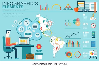Flat modern design vector illustration concept of creative office workspace, workplace. Icon collection in stylish colors of business work flow items, elements. Infographics elements with America maps