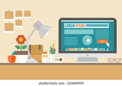 Flat modern design vector illustration concept of creative office workspace, workplace. Icon collection in stylish colors of business work flow items and elements, office things,equipment, objects.