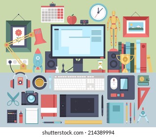 Flat modern design vector illustration concept of creative office workspace. Icon collection in stylish colors of business work flow items and elements, office things, equipment, objects, workplace.