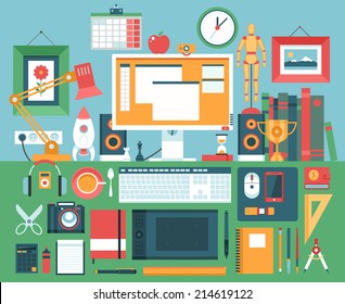 Flat modern design vector illustration concept of creative office workspace, workplace. Icon collection in stylish colors of business work flow items and elements, office things, equipment, objects.