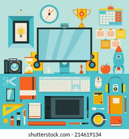 Flat modern design vector illustration concept of creative office workspace, workplace. Icon collection in stylish colors of business work flow items and elements, office things, equipment, objects.