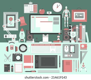 Flat modern design vector illustration concept of creative office workspace, workplace. Icon collection in stylish colors of business work flow items and elements, office things, equipment, objects.