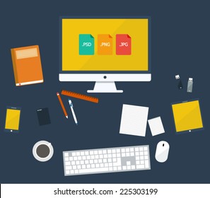 Flat modern design vector illustration concept of creative office workspace, workplace. Icon collection in stylish colors of business work flow items and elements, office things,equipment, objects.