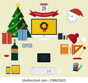 Flat modern design vector illustration concept of creative office workspace, workplace.  Christmas and New Year office decoration. Icon collection of business work flow items and elements, equipment