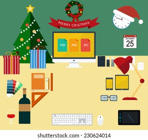 Flat modern design vector illustration concept of creative office workspace, workplace.  Christmas and New Year office decoration. Icon collection of business work flow items and elements, equipment