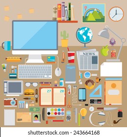 Flat modern design vector illustration concept of creative school desktop, workspace, workplace. Icon collection in stylish colors of education process, office items, tools, devices, elements, objects